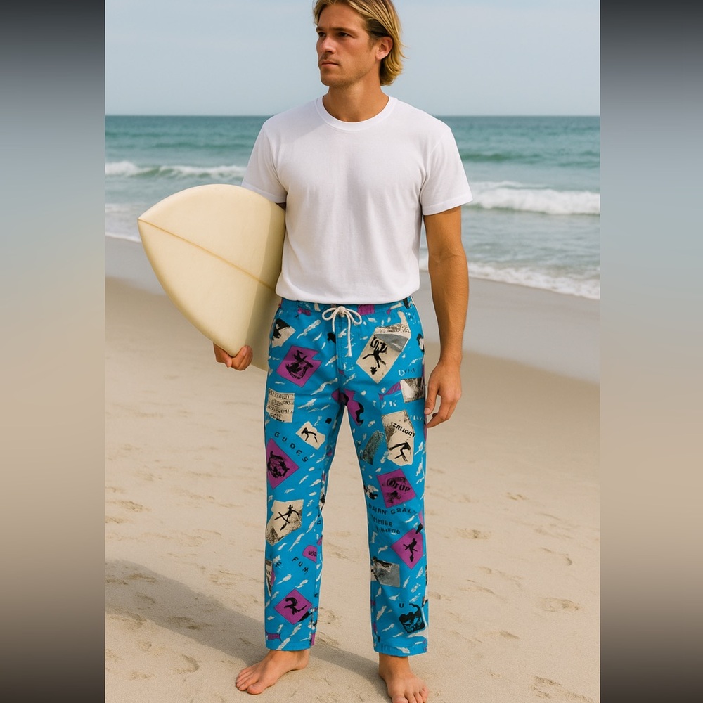 Vintage Sundek Surf Pants 80s/90s Neon Abstract Graphic Print Blue Unisex/street